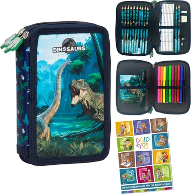 Produktbild von Federmäppchen 2 Fächer Mäppchen für Mädchen Jungen Federmappe 2-Fach Federtasche Gefüllte 27-teilig Schulmäppchen Hausaufgabenheft Dinosaurier