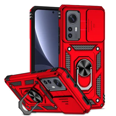 Immagine prodotto di Custodia per Xiaomi 12 / Xiaomi 12X a doppio strato con copertura scorrevole della fotocamera e supporto ad anello rosso
