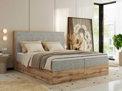 Produktbild von MKS MEBLE Boxspringbett WOOD CLASSIC, Komplett Set mit Multipocket-Matratze und Topper, Doppelbett für Schlafzimmer, hohe Kopfteil - 160 x 200 cm - H3 - Beige Struktur