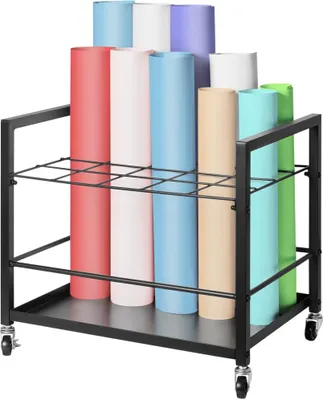 A black metal rolling organizer filled with colorful rolls of paper or fabric.