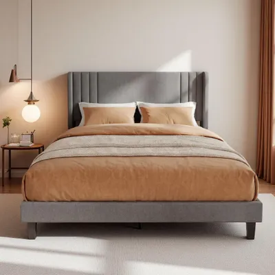 Zdjęcie produktu dla Łóżko tapicerowane ProximaX 140x200 cm, szare łóżko z tkaniny z zagłówkiem w kształcie skrzydeł, solidna rama z drewnianym stelażem, schowek o głębokości 15 cm pod materacem, ciche i stabilne, łatwy montaż do sypialni