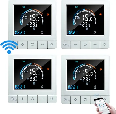 Four white digital thermostats are displayed against a white background. One thermostat in the bottom right corner has a hand holding a smartphone near it, suggesting remote control functionality. A Wi-Fi symbol is visible in the top left corner.