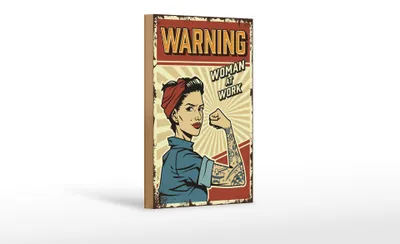Produktbild von Holzschild Retro 12x18cm Pinup warning women at work Frau