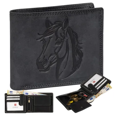 Produktbild von RFID Büffel Echt Leder Geldbörse Portemonnaie Herren mit geprägtem Motiv Querformat Pferdekopf Schwarz