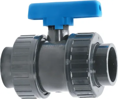Produktbild von HAF 1x PVC 2 Wege Kugelhahn Blauer Griff mit 40mm | Klebemuffe x Klebemuffe | Absperrhahn aus grauem PVC-U | PN16 für PVC Verrohrung, Pool & Teich
