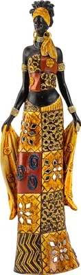 Produktbild von Moderne Skulptur Dekofigur Frau Afrikanerin stehend mit bunten Kleidern und Tuch Höhe 35 cm