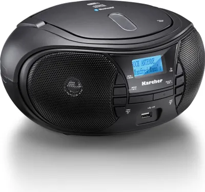 A black Karcher CD radio with a digital display and speakers, shown from a slightly elevated front-left angle on a white background.