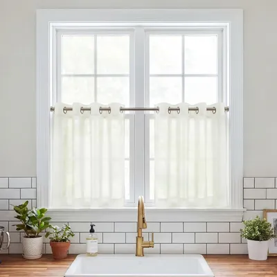 Obrázek produktu pro Záclony na kroužky, výška 90 cm, průhledné, krátké, rozměry 90 cm (výška) x 140 cm (šířka), balení 2 kusů, barva: krémová