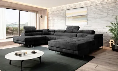 Produktbild von Easy4You Graphit Ecksofa Varberg Velours in U-Form 345 x 72 x 205 cm mit Schlaffunktion und Bettzeugbehälter - Schlafsofa mit Bettkasten - Eckcouch mit Stauraum - Stoff: Monolith 97