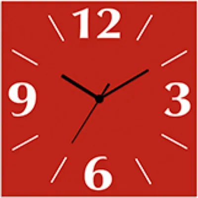A square red clock face with white numbers and black hands.