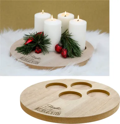Produktbild von Kerzentablett Dekoteller Holz Ø 32 cm Schriftzug Frohe Weihnachten Kerzenteller