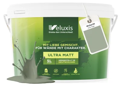 Produktbild von Wandfarbe Grün Salbeigrün Grau Matt Innenfarbe – Deckkraft Klasse 1, VOC-frei, Ohne Grundierung, Tropfarm – Wohnzimmer & Schlafzimmer – 5L – Veluxis (Sane Sage)