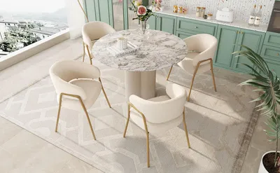 Productafbeelding van Witte eetkamerstoel. Moderne stoel bekleed met lamswol, met spuitgoud afwerking in goud (set van 4). Eetkamerstoel met gouden poten, wit