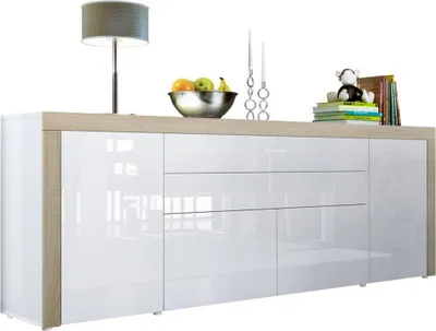 Produktbild von Vladon Sideboard La Paz V2,  Germany, Kommode mit 2 Türen, 2 Schubkästen und 2 Klappen, Weiß Hochglanz/Weiß Hochglanz/Eiche sägerau (200 x 72 x 35 cm)
