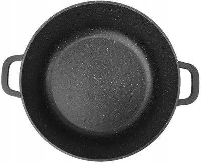 A top-down view of a black pot with speckled gray interior and two handles.