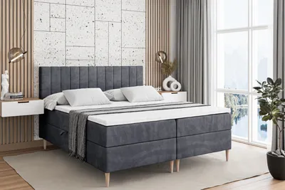 Produktbild von ALTDECOR Boxspringbett mit Holz Füßen, Matratze und Lattenrost, Boxbett, Topper, Polsterbett mit Bettkasten, Bett mit Stauraum H3-Matratze, Doppelbett - EDITA-FD- 140x200 - Dunkelgrau Samt