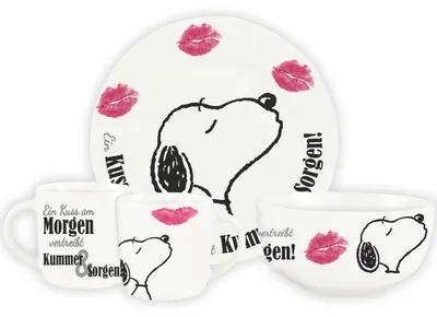 Produktbild von The Peanuts Frühstücksset Snoopy - Ein Kuss am Morgen, vertreibt Kummer & Sorgen! Geschirr Set 3-teilig Teller, Schale & Tasse aus Porzellan Weiß