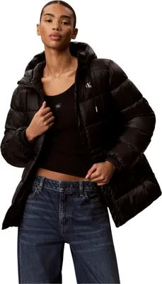 Produktbild von Calvin Klein Damen Steppmantel Mid Logo Puffer mit Kapuze, Schwarz (Black), L