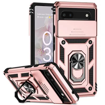 Immagine prodotto di Custodia per Google Pixel 6A a doppio strato con copertura scorrevole della fotocamera e supporto ad anello Rosa