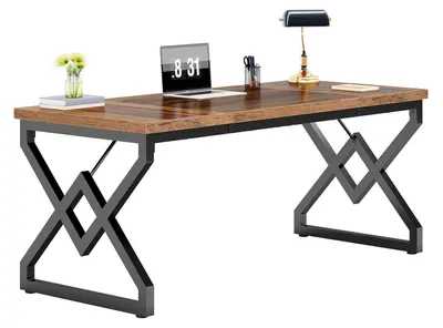 Zdjęcie produktu dla Biurko komputerowe o wymiarach 160x70x75 cm, z solidną drewnianą blatem i metalową ramą, w kolorze brązowym (styl vintage)