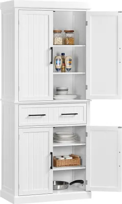A white pantry cabinet with its doors open, displaying shelves with jars, bottles, plates, and a basket.