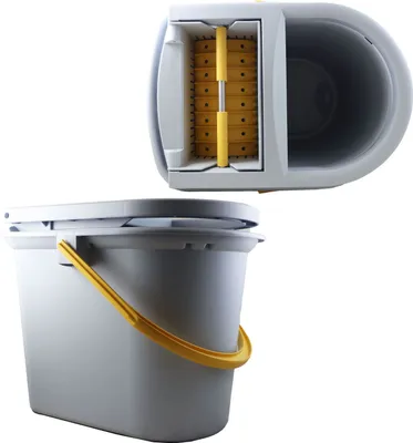 A cleaning bucket with a wringing mechanism is shown against a white background.