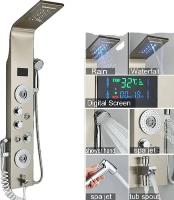 Zdjęcie produktu dla Panel prysznicowy, funkcje deszczownicy i wodospadu, wyświetlacz temperatury LED, szczotkowany nikiel 8006