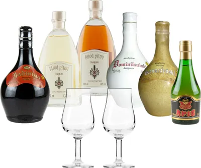 Produktbild von Setz von 6 Mets mit Gläsern (Honigwein Półtorak-Eineinhalber/ 2x Dwójniak-Halber / 3x Trójniak-Drittel) |1400ml | 13-16% Alkohol Metwein | Polnische Produktion