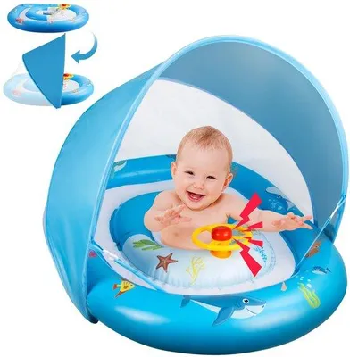 Produktbild von Ibenzoa® Baby-Schwimmring mit verstellbarem Sonnendach, doppelten Luftkammern & Spielzeughupe – Badehilfe für 6–36 Monate, Babyblau