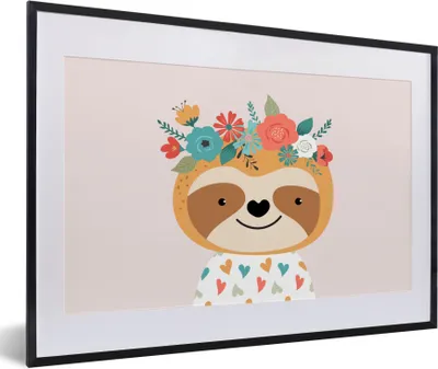 Produktbild von MuchoWow® Gerahmtes Poster Faultier - Blumen - Tiere 60x40 cm - Poster mit Schwarzem Bilderrahmen Wandposter Rahmen Foto Bilder - Schlafzimmer - Plakat in Rahmen - Drucken