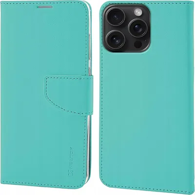 Zdjęcie produktu dla Etui Portfel iPhone 15 Pro Turkusowe Skórzane z klapką Newtop Ochronne