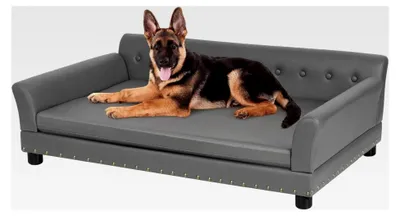 Produktbild von Luxus Hundesofa für große Hunde: XXL Hundecouch aus atmungsaktivem, wasserdichtem Leder, modernes Haustiersofa mit Rückenlehne, orthopädischem Hundekissen und Holzbeinen, Grau 120x74x40cm