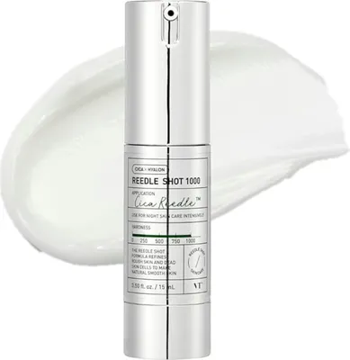 A silver bottle of VT Cosmetics Reedle Shot 1000 serum is shown against a white background with a smear of white cream.