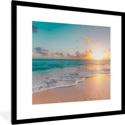 Produktbild von MuchoWow® Gerahmtes Poster Sonnenuntergang - Strand - Meer - Sommer - Blau 40x40 cm - Poster mit Schwarzem Bilderrahmen Wandposter Rahmen Foto Bilder - Poster - Plakat im Rahmen