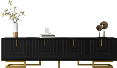 Image de Armoire TV Sweiko, Lowboard avec portes structurées, meuble TV, poignées et pieds dorés