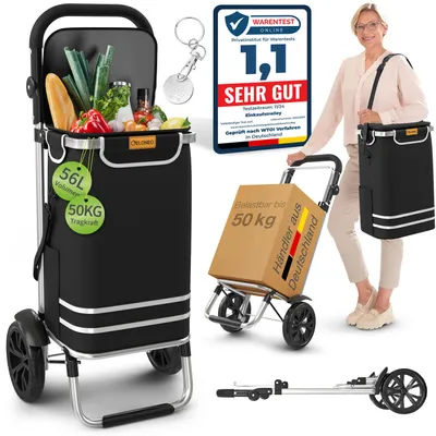 Produktbild von ELONEO Einkaufstrolley klappbar, Einkaufswagen mit Kühlfach, 3in1 Trolley, Sackkarre & Umhängetasche - Schwarz