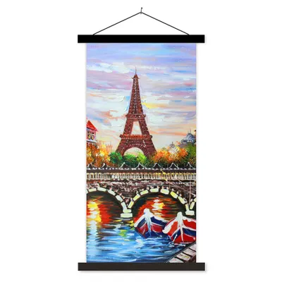 Produktbild von MuchoWow® Textilposter Gemälde - Öl - Eiffelturm - Paris - Wasser 60x120 cm mit schwarzem Rahmen - Magnete