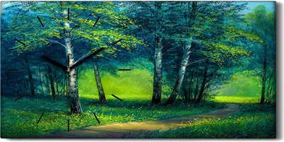 Produktbild von Wandbild Leinwand Bilder mit Uhr 60x30 Ölgemälde Wald Bäume Pfad Blumen - schwarze Hände