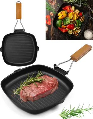 Produktbild von Grillpfanne mit Ausguss, 100% PFOA-freie Bratpfanne, induktionsgeeignet, antihaftbeschichtet, klappbarer Griff, Aluminium Steakpfanne, schwarz