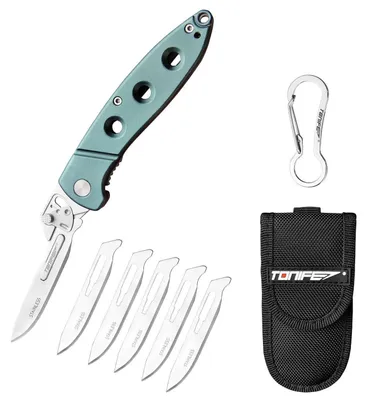 Produktbild von Klappmesser mit 5 Edelstahl-Ersatzklingen, Aluminium-Griff, Cyan