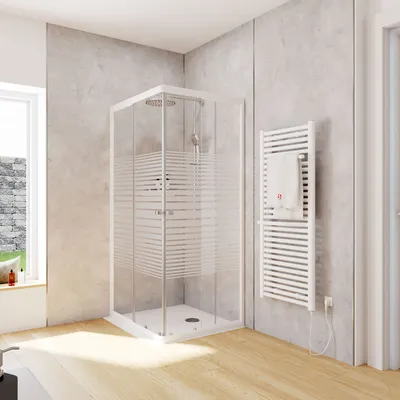 Produktbild von Schulte Duschkabine Corner Eckeinstieg mit Schiebetüren, Montage auf Duschwanne oder Fliese, 4mm ESG Sicherheitsglas, Höhe: 180 cm,  90 x 75 cm, Profilfarbe: Alpinweiß, Glasart: Dekor Querstreifen