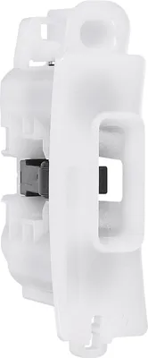 A white plastic part of a washing machine door lock mechanism, viewed from the side.