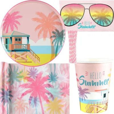 Produktbild von Sommer Partyset Palmen Teller Becher Servietten rosa Party Deko Poolparty Strand
