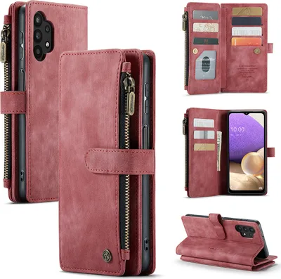 Image de Galaxy A32 5G Housse pour téléphone portable, fermeture éclair Housse en cuirPolyuréthaneà rabat Fermeture magnétique Porte-carte Fonction stand Portefeuille Housse pour Samsung Galaxy A32 5G Rouge