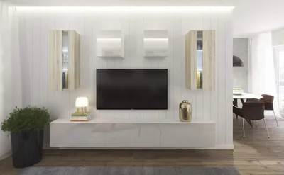 Produktbild von Furnitech Wohnwand Wohnzimmer - Wohnzimmer Möbel mit LED Blau - Hängend Wohnwand Modern - Regale und TV Schrank (AN291-17WS-HGM33 1B Groß)