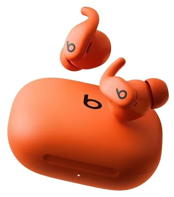 A pair of orange wireless earbuds and their charging case are displayed against a white background.