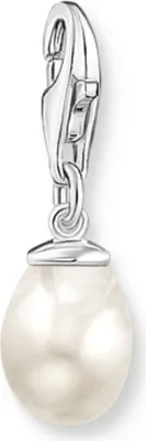 A silver charm with a pearl pendant.