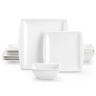 Image de Service de table en porcelaine, set d'assiettes de 12 pièces en blanc crème, set de vaisselle avec assiettes plates, assiettes à gâteaux, bols pour 4 personnes