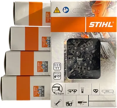 A stack of Stihl chainsaw chain boxes next to a Stihl branded package showing a chainsaw chain.