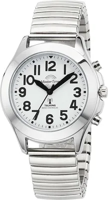 A close-up studio shot of a silver analog watch with a white face and a metal expansion band.